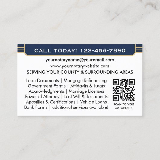 Classic Notaris Signing Agent ID Logo Navy Gold Visitekaartje (Achterkant)