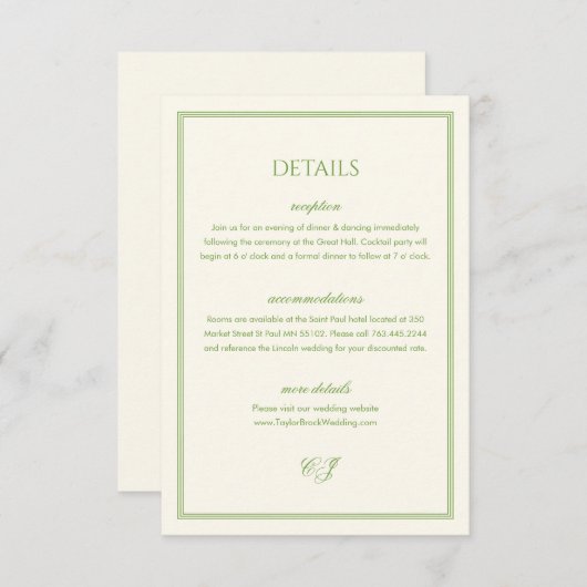 Classic Old Money White and Green Wedding Details Informatiekaartje (Voorkant / Achterkant)