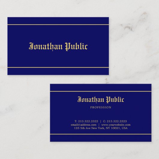 Classic Old Style Font Text Elegant Navy Blue Gold Visitekaartje (Voorkant / Achterkant)