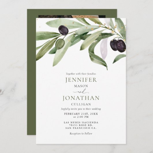 Classic Olive Branch Garden Wedding Invitation Kaart (Voorkant / Achterkant)