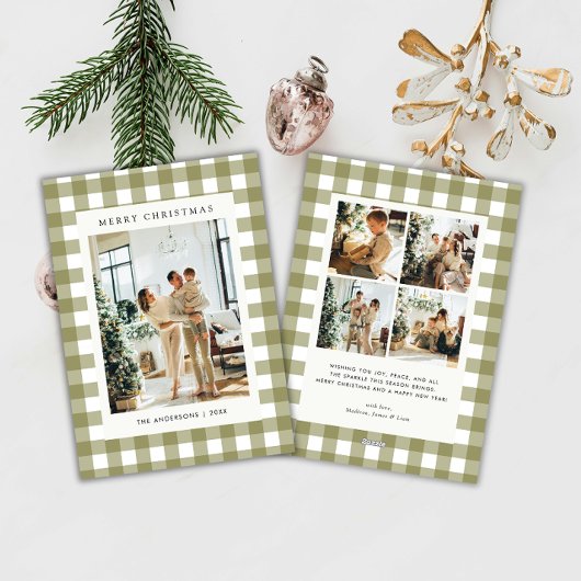 Classic Olive Gingham Plaid 5 Photo Christmas Feestdagenkaart