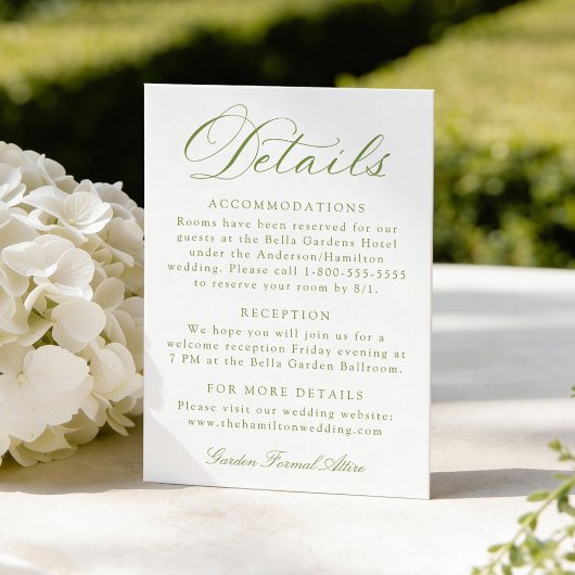 Classic Olive Green Calligraphy Wedding Details Informatiekaartje