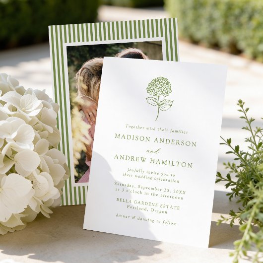Classic Olive Green Hydrangea Photo Wedding Kaart