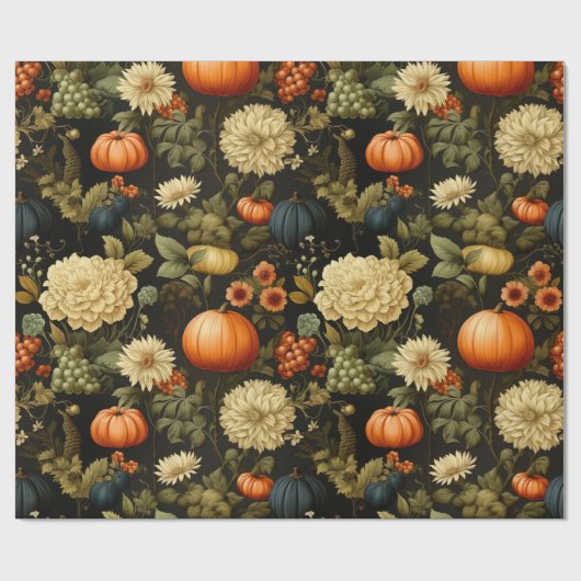 Classic Oogst  Pompoen & Zwarte Bloemen Cadeaupapier (Vlak)