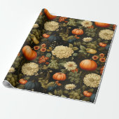 Classic Oogst  Pompoen & Zwarte Bloemen Cadeaupapier (Uitgerold)