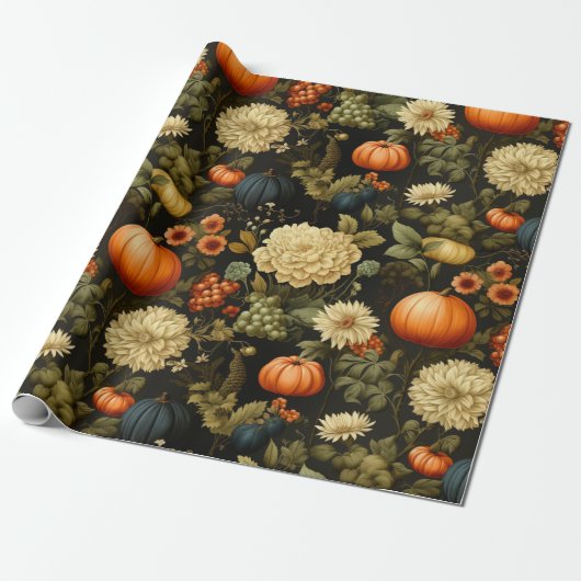 Classic Oogst Pompoen & Zwarte Bloemen Cadeaupapier (Uitgerold)