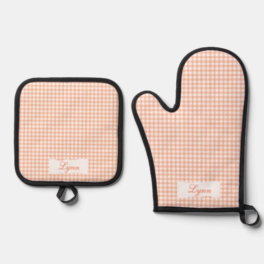 Classic Orange & White Gingham | Personalized Name Ovenwant & Pannenlap Set (Voorkant)