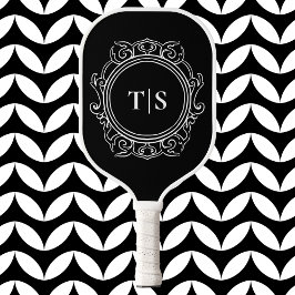 Classic Ornate Circle White Monogram Initial Pickleball Paddle