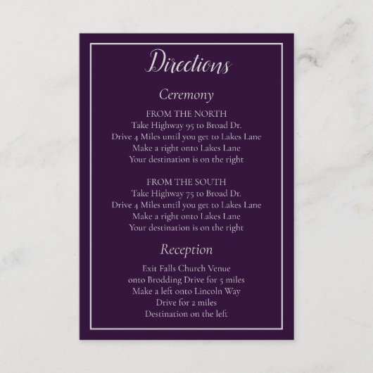 Classic Paarse en Silver Wedding Routebeschrijving Informatiekaartje (Voorkant)