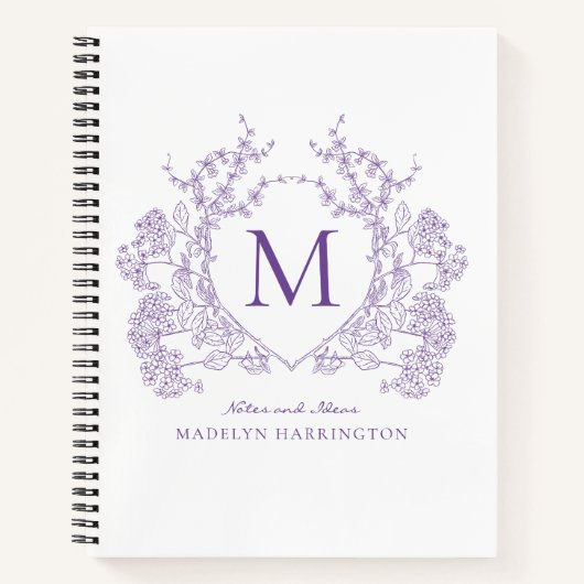 Classic Paarse Violet Bloemkam Monogram Notitieboek (Voorkant)