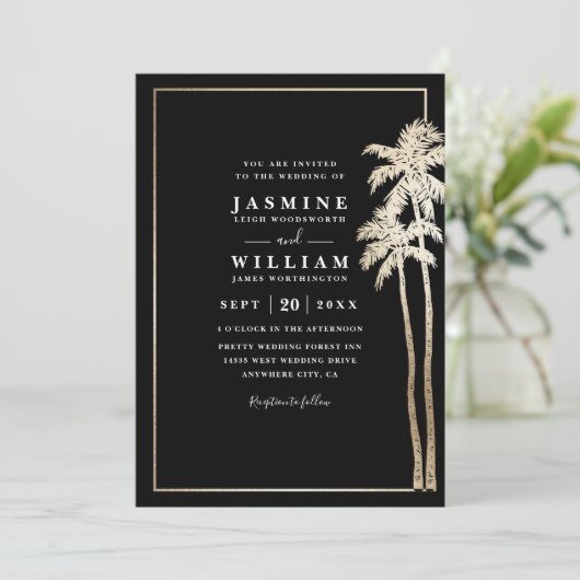 Classic Palm Trees Elegant Modern QR Code Wedding Kaart (Staand voorkant)