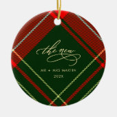 Classic Pas getrouwd Kerst Rood Plaid Fotovakantie Keramisch Ornament (Voorkant)