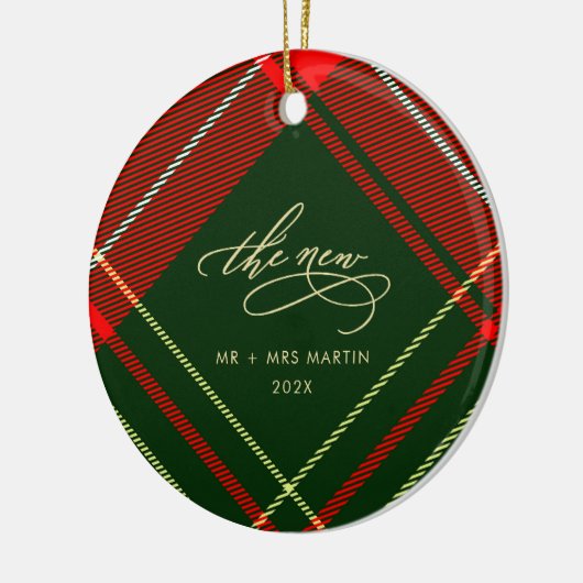 Classic Pas getrouwd Kerst Rood Plaid Fotovakantie Keramisch Ornament (Links)