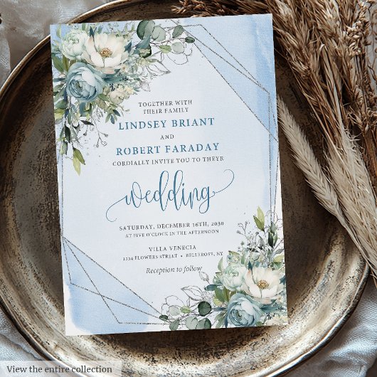 Classic Pastel Blauw Wit Zilver Rozen bruiloft Kaart