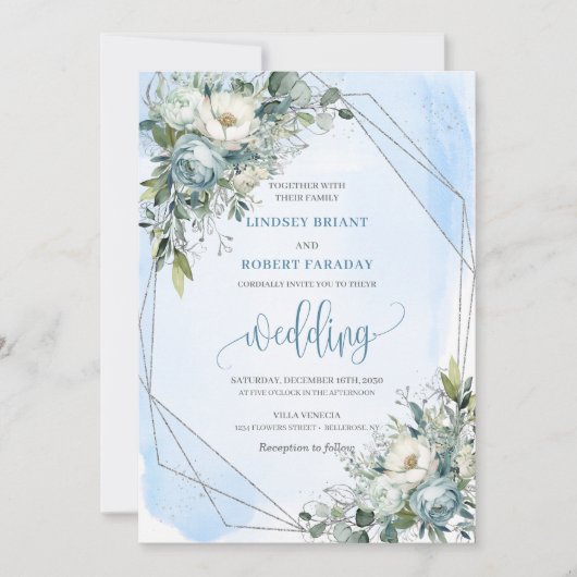 Classic Pastel Blauw Wit Zilver Rozen bruiloft Kaart (Voorkant)