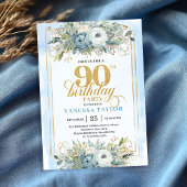 Classic pastel blue gold script 90th birthday  kaart