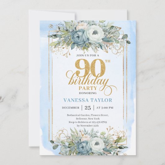 Classic pastel blue gold script 90th birthday  kaart (Voorkant)