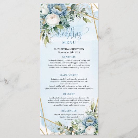 Classic Pastel Blue Peonies Gold Glitter Dinner Menu (Voorkant)