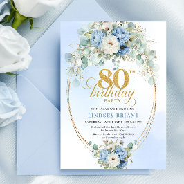 Classic Pastel Blue Peony Greenery 80th Birthday Kaart