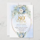 Classic Pastel Blue Peony Greenery 80th Birthday Kaart (Voorkant)