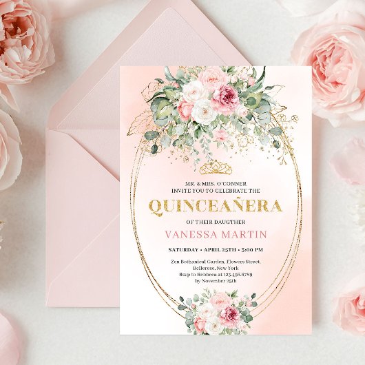 Classic Pastel Pink Rose Gold Quinceañera Invite Kaart