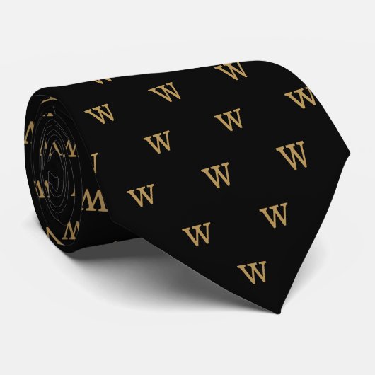 Classic Pattern Custom Monogram Initiaal Gold Blac Stropdas (Opgerold)