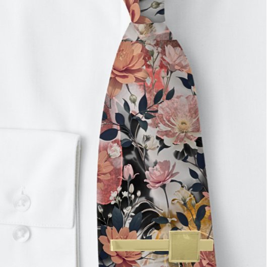 Classic Peach Roze Zwarte Bloem Stropdas