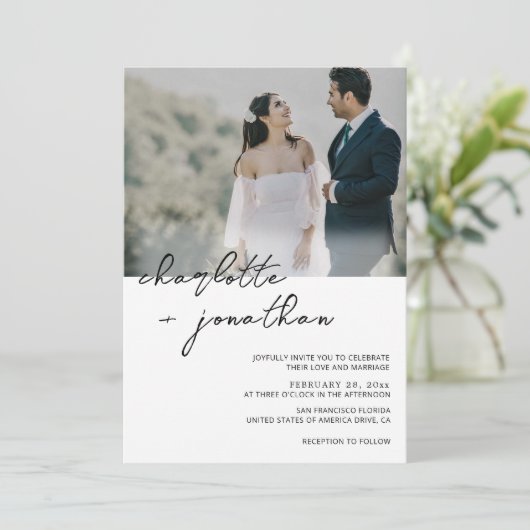 Classic Photo Calligraphy Script Wedding Kaart (Staand voorkant)