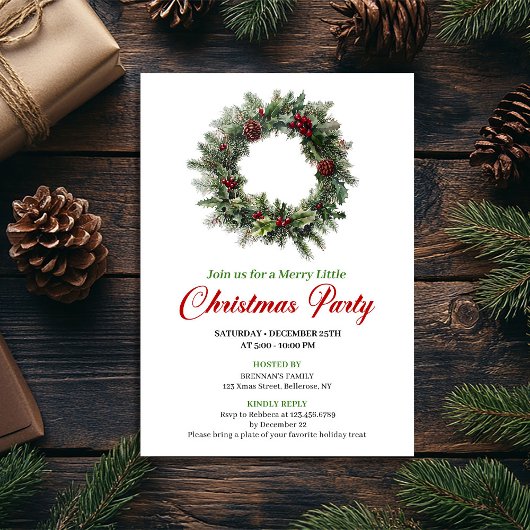 Classic Pine Wreath Christmas Party Editable Kaart