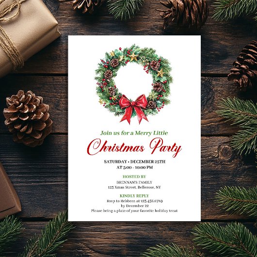 Classic Pine Wreath Christmas Party Invitation Kaart