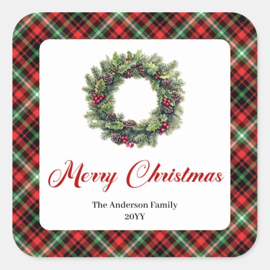 Classic Pine Wreath Christmas Sticker Custom Name (Voorkant)