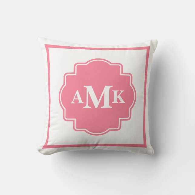 Classic Pink and White Monogram Pillow Kussen (Voorkant)