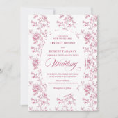Classic Pink and White Toile Roses Wedding Invite Kaart (Voorkant)
