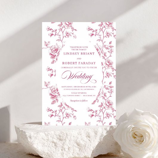 Classic Pink and White Toile Roses Wedding Invite Kaart