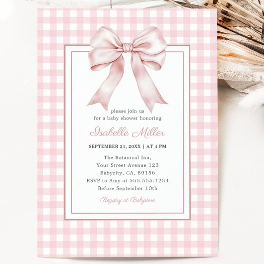 Classic Pink Bow Gingham Girl Baby shower Kaart