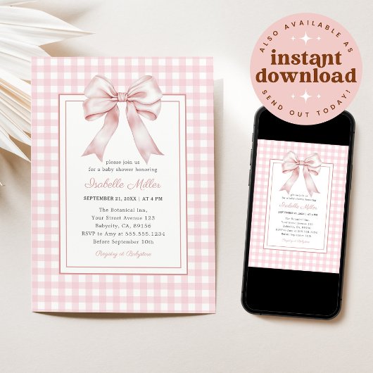 Classic Pink Bow Gingham Girl Baby shower Kaart