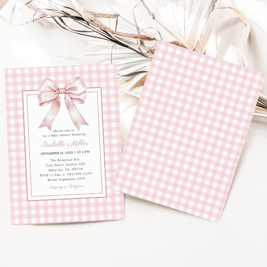 Classic Pink Bow Gingham Girl Baby shower Kaart