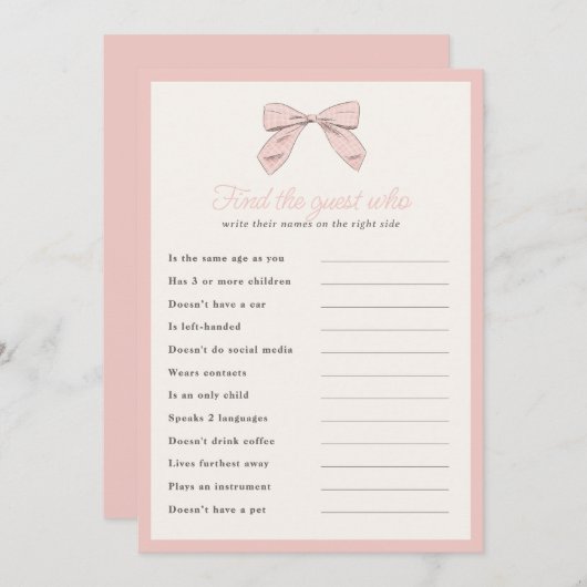 Classic Pink Bow Vind de Guest Shower Game Kaart (Voorkant / Achterkant)