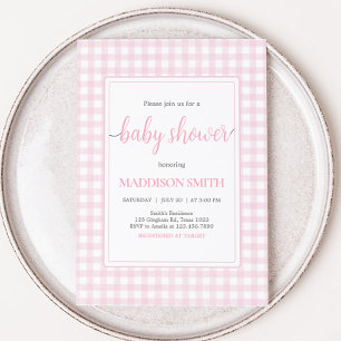 Classic Pink Gingham Baby shower Kaart