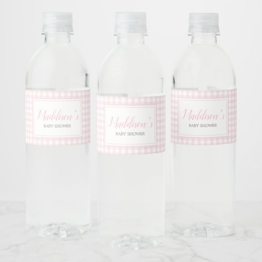 Classic Pink Gingham Baby shower Waterfles Etiket (Flessen)