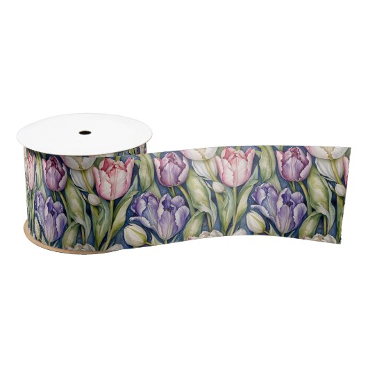 Classic Pink, Purple, Whute Tulips Satijnen Lint (Spoel)
