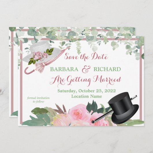 CLASSIC Pink Rose Floral Weddenschap Opslagdatum Kaart (Voorkant / Achterkant)