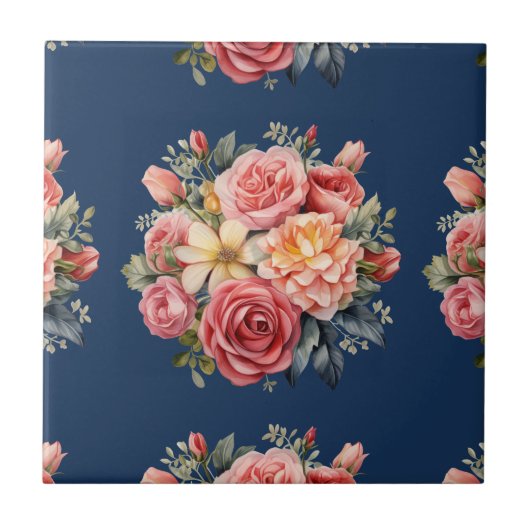 Classic Pink Roses Floral on a Blue Background Tegeltje (Voorkant)