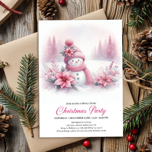 Classic Pink Snowman Kids Christmas Invite Digital Kaart
