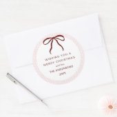Classic Pink Stripes Red Bow Merry Christmas Ronde Sticker (Envelop)