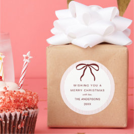 Classic Pink Stripes Red Bow Merry Christmas Ronde Sticker