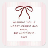 Classic Pink Stripes Red Bow Merry Christmas Vierkante Sticker (Voorkant)