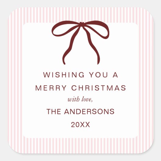 Classic Pink Stripes Red Bow Merry Christmas Vierkante Sticker (Voorkant)
