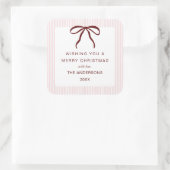 Classic Pink Stripes Red Bow Merry Christmas Vierkante Sticker (Tas)