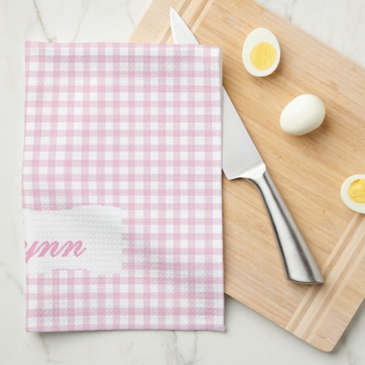 Classic Pink & White Gingham | Personalized Name Theedoek (Quarter Fold)